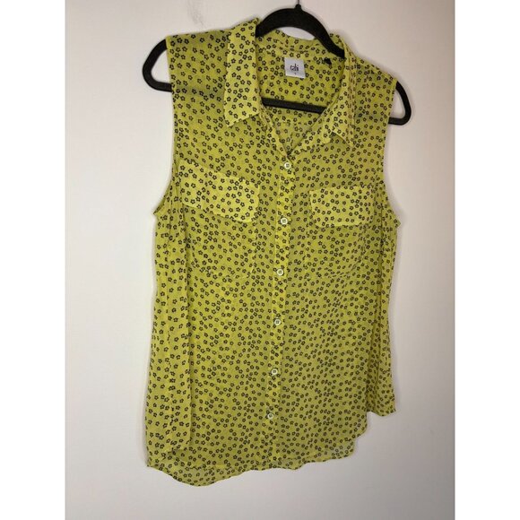 CAbi Sleeveless Button Up Blouse Womens L Yellow Black Floral Collar Flowy Sheer - Picture 2 of 8